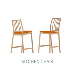Classic kitchen dining room chair on wooden legs with soft brown seat. Isolated chair on white background.