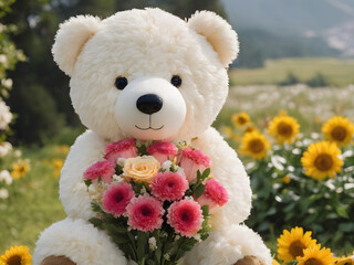 White bear plush with beautiful Flower bouquet Generative AI illustration