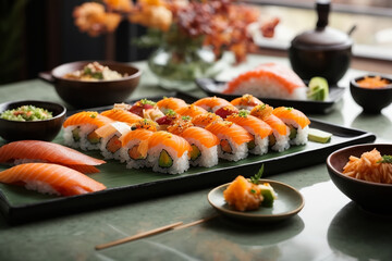 A lavish sushi spread featuring exotic ingredients like uni and toro generated with AI - obrazy, fototapety, plakaty