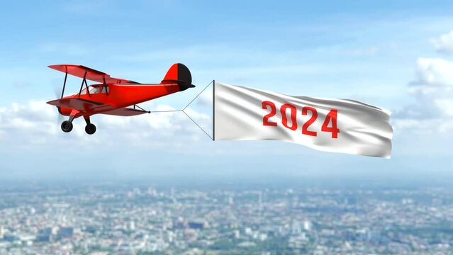 Airplane flying in the sky with a Happy New Year 2024 sign
