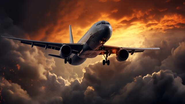 
An intense and dramatic scene depicting an airplane on fire flying over stormy clouds, creating a powerful and visually striking image.