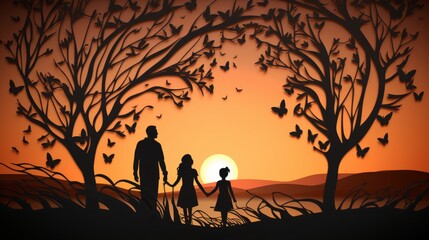 Silhouette of family standing sunset background Paper cut style --chaos 25 --ar 16:9 --v 5.2 Job...