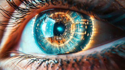 close up view of human eye in darkness with data illustration, robotic concept. AI generated - obrazy, fototapety, plakaty