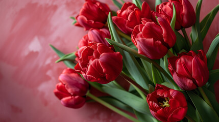 Bouquet of red tulips on the left on a pink background, space for text