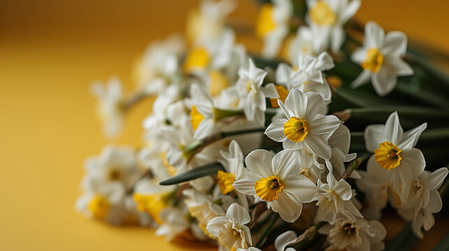 Bouquet of white daffodils on the left on a light yellow background, space for text