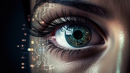 image of closeup of woman eye with round lens analyzing information in futuristic world