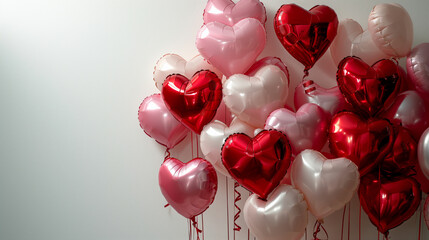 Red and pink heart-shaped balloons on a white background