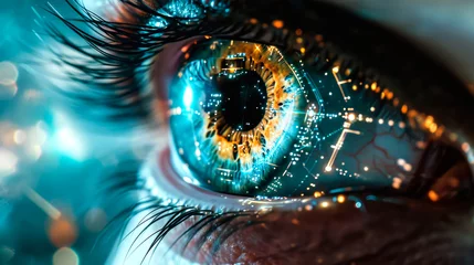 Fotobehang close up view of human eye in darkness with data illustration, robotic concept. AI generated © millenius