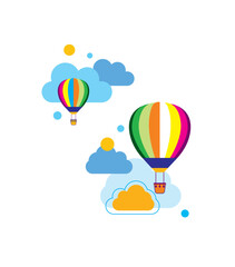 Crayon hand drawn scribbles with hot air balloon, and clouds. Vector illustration. Cute love sale banner or greeting card. Honeymoon and wedding adventure