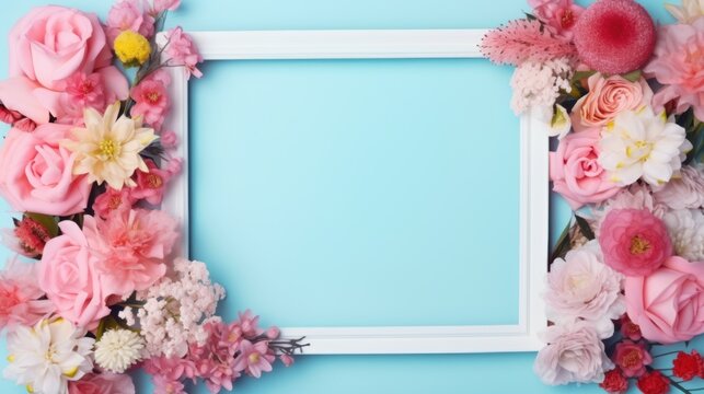 
A visually appealing image featuring blooming flowers of various colors arranged on and around an empty pink photo frame, set against a light blue background. 