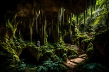 A hidden cave entrance in the midst of dense foliage, leading to an underground world of stunning stalactite formations.