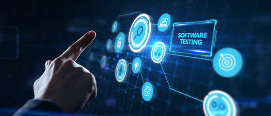 Inscription SOFTWARE TESTING on the virtual display. Business, modern technology, internet and...