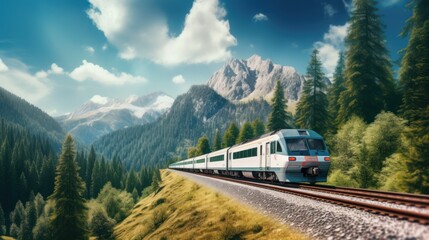 modern train driving on railroad tracks between coniferous trees and mountains under sky during summer day - obrazy, fototapety, plakaty