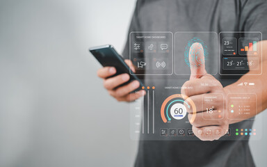 Human are scanning their fingers to use smart applications, Smart home concept, Smart home Automation Control System, Smart home dashboard interface control connected devices and set up automations.