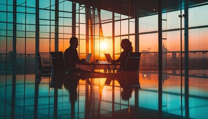 Business People in a Board Room Meeting Early Morning Silhoutte