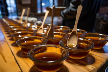 An engaging maple syrup tasting event where participants sample various grades of syrup using wooden tasting spoons - offering an educational experience and flavor discovery. - obrazy, fototapety, plakaty