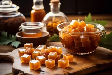 Tuinposter A scene in a home kitchen featuring homemade maple syrup candies being made in candy molds - showcasing sweet treats born from a cherished family recipe in confectionery making. © Davivd