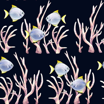 Seamless pattern with corals and exotic small fishes moonyfish. Watercolor illustration on dark backround for wrapping, fabric, textile