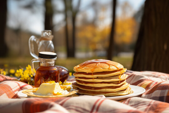 A cheerful image of an outdoor picnic featuring pancakes and maple syrup - spread out on a picnic blanket in a sunny park setting - depicting a casual and enjoyable meal.