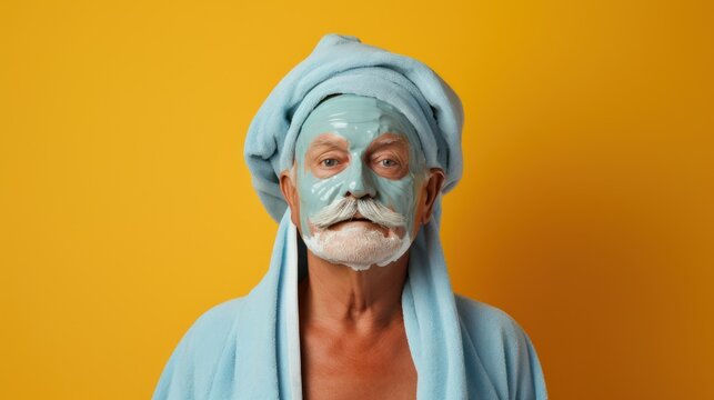 A senior man with a towel wrapped around his head and a beauty face mask, creating a lighthearted and humorous image of self-care and relaxation.