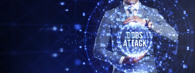 DDoS ATTACK inscription, online attack concept inscription, online security concept.