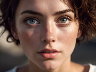 Fototapeta premium Close-up, attractive beautiful female face, blue eyes, dark spots on face