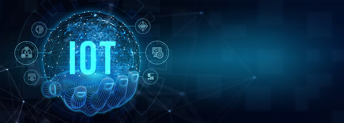 Internet of things - IOT concept. Businessman offer IOT products and solutions. The future of technology. Virtual screen of the future with the inscription: IOT. 3d illustration