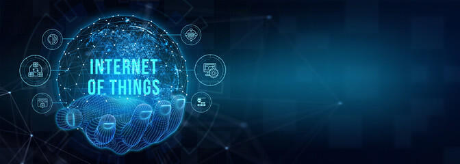 Internet of things - IOT concept. Businessman offer IOT products and solutions. 3d illustration