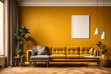 An HD image of a living room featuring a blank frame against a mustard yellow wall, highlighting a cozy ambiance with minimalist furniture.