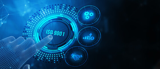 Business, technology, internet and network concept. Virtual screen of the future with the inscription: ISO 9001. 3d illustration