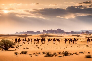 Fototapeta na wymiar Panorama view of desert landscape and camels. Selective focus