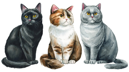 Cats hand drawing on an isolated white background. Animal watercolor illustration. Cute pet hand drawn, funny cat © Hanna