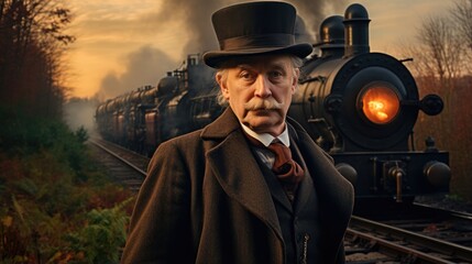 A man in a top hat standing in front of a train. Generative AI.