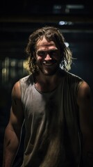 Fototapeta premium A man with long hair wearing a tank top. Generative AI.