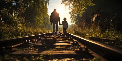 A man and a child walking down a train track. Generative AI. - Powered by Adobe