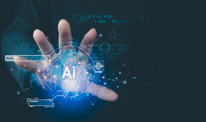 Businessman is showing concept of future technology and internet connection network with AI as controller. A graphic floated in the air on his hand. Data center network concept.