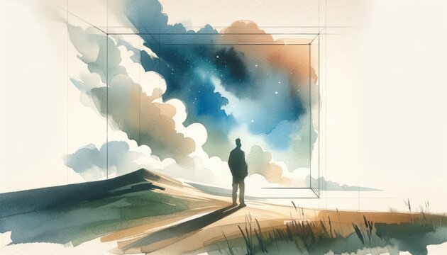 Contemplating heaven. Digital watercolor painting of a man looking at the sky.