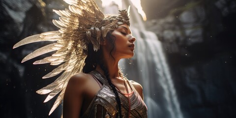 A woman wearing a feather headdress in front of a waterfall. Generative AI.