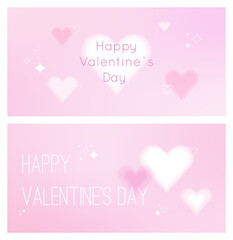 Set of y2k Valentine's Day horizontal banners with blurred hearts on gradient pastel background. Flyer designs with shiny graphics in white, pink and purple colors. Vector love illustration.