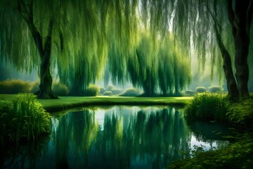 A tranquil pond surrounded by weeping willows, their branches gently touching the water's surface.