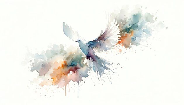 Holy Spirit. Dove on abstract colorful watercolor background. Digital art painting. Illustration.