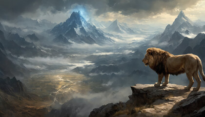 Fantasy Illustration of a wild animal lion. Digital art style wallpaper background.