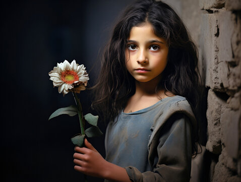  A Israeli Arab girl holding a wilted flower against the destroyed walls of her home.