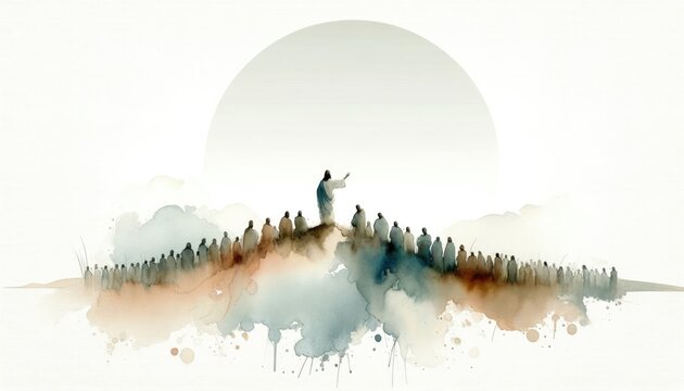 Silhouette of Jesus standing on top of a mountain and preaching to the crowd. Watercolor painting.
