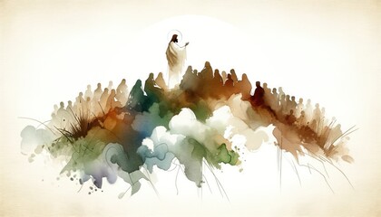 Silhouette of Jesus standing on top of a mountain and preaching to the crowd. Watercolor painting. - Powered by Adobe
