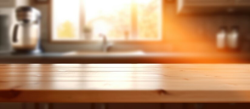 Wooden table top with blurred kitchen interior background