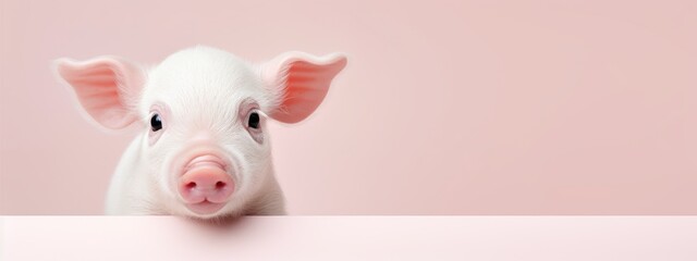 Happy cute mini pig isolated on pink background. Happy funny piglet. Exotic domestic pet. Vegan and vegetarian concept. Animal health, love of nature 