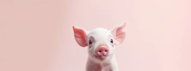 Fotobehang Happy cute mini pig isolated on pink background. Happy funny piglet. Exotic domestic pet. Vegan and vegetarian concept. Animal health, love of nature  © ratatosk