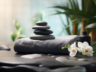 grey towels and a pile of zen onyx stones
