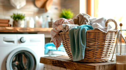 preparing for home washing of things, a basket with dirty clothes, a washing machine in the background. AI generated